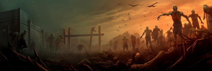 apocalyptic cityscape overrun by creepy zombies emerging from graves. - obrazy, fototapety, plakaty