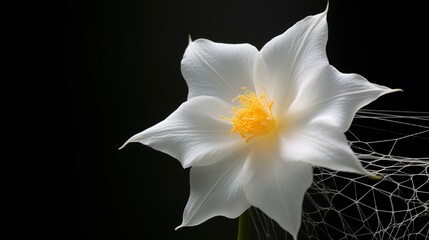 A pristine white daffodil with a delicate spider weaving its web