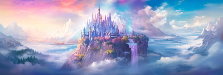 fantasy castle atop a misty mountain, with colorful banners and a sense of enchantment, evoking a fairy tale ambiance.