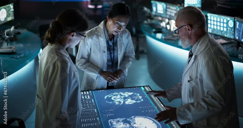 Poster modern hospital medical research center: diverse colleagues gathered around interactive touch screen