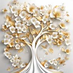 3d abstract floral tree background with white and golden flowers, Generative AI