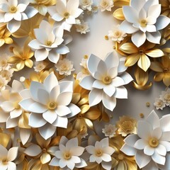 3d abstract floral tree background with white and golden flowers, Generative AI