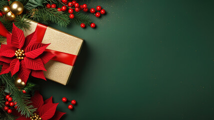 green  christmas background with poinsettia with leaves, red berries, gift box wrapped red silk ribbon, gold tinsel, with empty copy Space