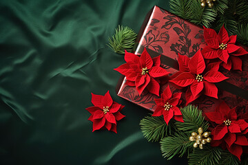 green  christmas background with poinsettia with leaves, red berries, gift box wrapped red silk ribbon, gold tinsel, with empty copy Space