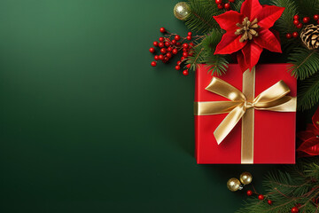 green  christmas background with poinsettia with leaves, red berries, gift box wrapped red silk ribbon, gold tinsel, with empty copy Space