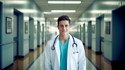 YOUNG SMILING DOCTOR AGAINST THE BACKGROUND OF THE HOSPITAL. legal AI