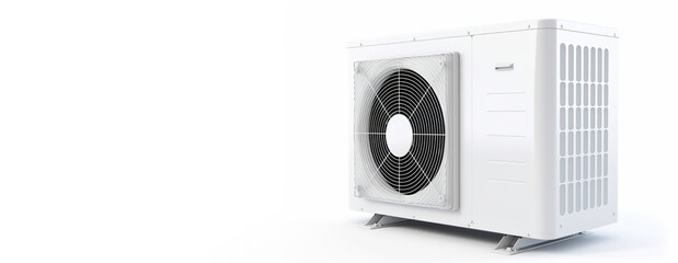 Air heat pump on white background. Modern, environmentally friendly heating. Air source heat pumps are efficient and renewable source of energy. Banner with copy space for text, advertising.