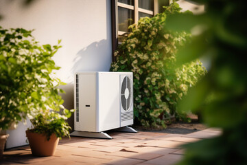 Air heat pump standing outdoors. Modern, environmentally friendly heating. Save your money with air pump. Air source heat pumps are efficient and renewable source of energy. - obrazy, fototapety, plakaty