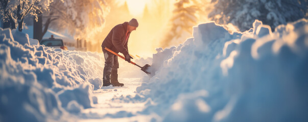 Man clearing street from snow after heavy snowfall. - obrazy, fototapety, plakaty
