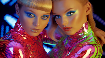 Obraz premium TWO FANCY DISCO DANCERS MOVE IN UV SUITS. NIGHT CLUB. legal AI 