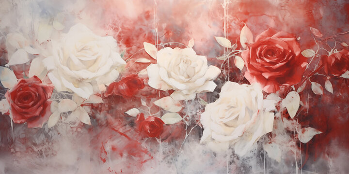 Abstract artistic background merges the rich textures of gorgeous red flowers and leaves in pastel style. Enchanting view, harmony of art on canvas. Wallpaper, illustration, card.