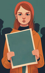A young woman holds a placard in her hands, supporting the protest against the backdrop of protesters dissatisfied. Crowd of different people on demo vector flat illustration.