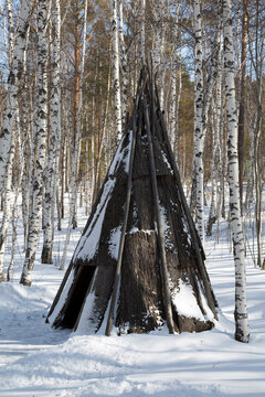 Evenk autumn-winter camp, chum - winter dwelling. Irkutsk region, Taltsy, Russia