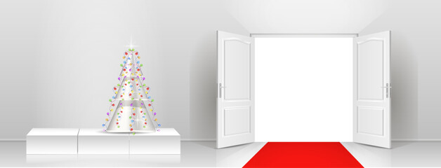 The interior of an empty room with a white wall, an open door, a red carpet and a Christmas tree.
Free space for copying, 3d image. - obrazy, fototapety, plakaty