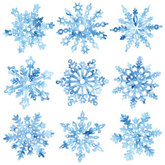 Set of watercolor snowflakes. Grunge paper texture. The pattern is drawn with colors in the form of a fractal. Vector illustration.
