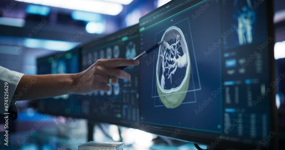 Aufkleber modern cancer research medical center: anonymous doctor pointing at desktop computer monitor with 3d