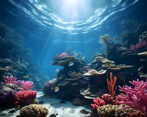 Underwater panorama of coral reef with fishes and corals.