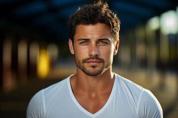 Fototapeta premium portrait of young muscular man resting in gym while looking at camera. Healthy lifestyle