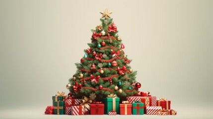 Árbol de Navidad decorado con bolas doradas y regalos con un fondo neutro.
