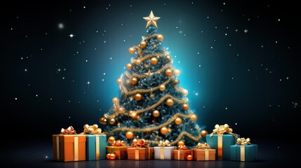 Árbol de Navidad decorado con bolas doradas y regalos con un fondo de estrellas. - obrazy, fototapety, plakaty