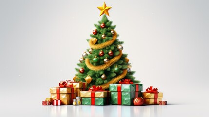 Árbol decorado con bolas de navidad y regalos.