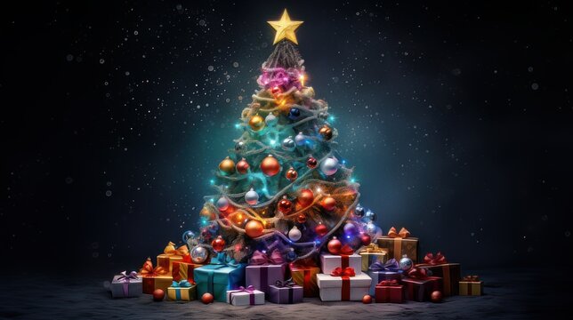 Arbol de navidad decorado con una estrella, regalos y  mucho color.