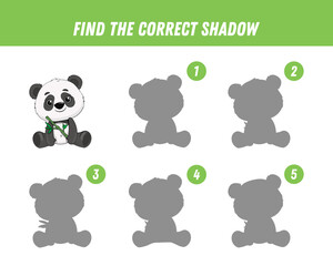 Obraz premium Find correct shadow of cute panda. Educational logical game for kids. Cartoon panda bear wiht bamboo.
