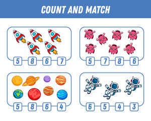 Education game for children count and match of space elements, cute cartoon monsters, planets, astronauts and rocket printable worksheet.