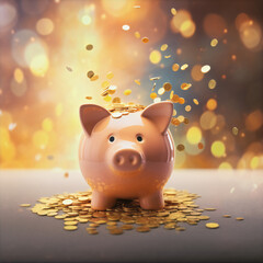 Piggy bank saves a lot of money gold shower coins advertisement wallpaper background