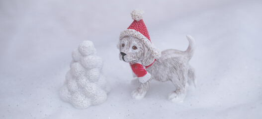 christmas banner decoration dog in snow with santas hat