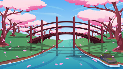 cartoon Japanese cherry garden, bridge and sakura blossom Vector illustration