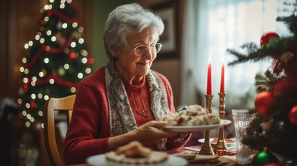 Grandmas Christmas Dinner. Senior woman, grandma hosts Christmas dinner for family. traditional Christmas recipes from grandmas cookbook - Powered by Adobe