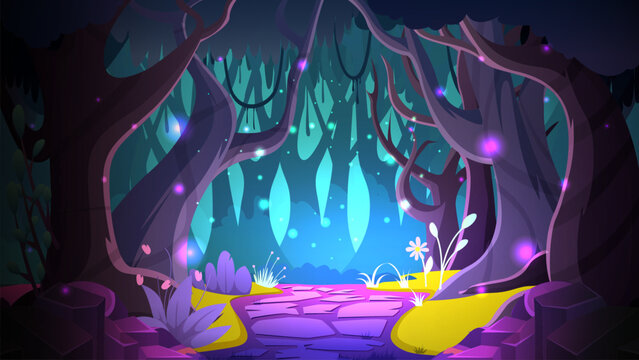 a mystical woodland with trees, lush, vegetation and sparkling fairy lights. suitable for book cover and game background vector illustration