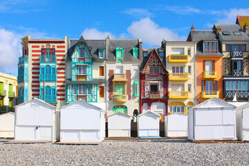 Typical facades on the seaside of Mers-les-Bains, limit of Hauts-de-France and Normandy. France