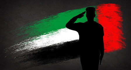 Silhouette Of A Solider Saluting Against the flag of UAE. Concept of national Muslim holidays. Commemoration Day, National Day. 3d illustration