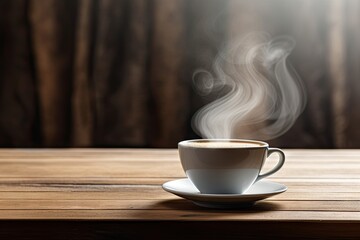 Fototapeta premium Morning coffee delight. Cup and smoke on wooden table. Dark roast aroma. Closeup of fresh espresso. Vintage tea elegance