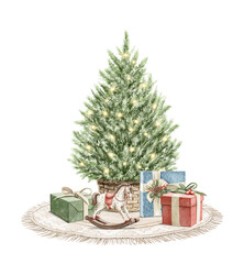 Watercolor vintage composition with green classic Christmas tree and boxes of Christmas gift presents and toys isolated on white background. Hand drawn illustration sketch