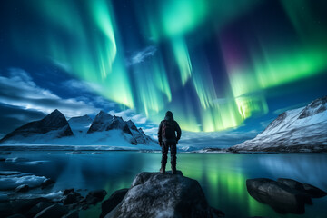 Panoama view of hiker standing on a rock admiring beautiful Northern Lights, Aurora borealis over the mountain lake, Vacation travel, Panorama landscape of Peaceful nature  - obrazy, fototapety, plakaty