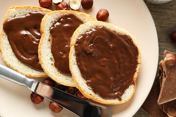 Morning food concept - tasty bread with chocolate pasta