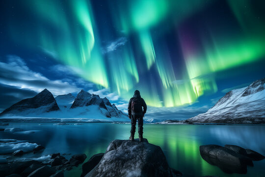 Panoama view of hiker standing on a rock admiring beautiful Northern Lights, Aurora borealis over the mountain lake, Vacation travel, Panorama landscape of Peaceful nature 