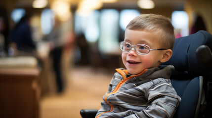 A little boy with Down syndrome smiles while sitting in a wheelchair. - obrazy, fototapety, plakaty