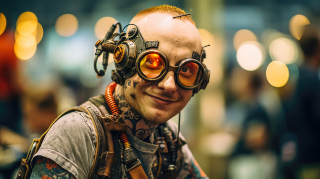 a cosplayer in a steampunk outfit with sunglasses and tattoos smiling at a convention.
