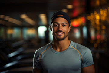Fototapeta premium portrait of muscular African American man resting in gym while looking at camera. Healthy lifestyle