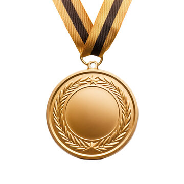 Gold medal on ribbon isolated on white transparent background