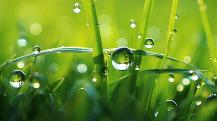 Water drop or droplet on blade of gras in nature with shining effect, grass as background 