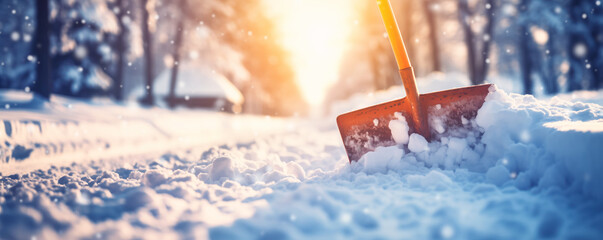 A shovel for clearing snow standing in a snowdrift. - obrazy, fototapety, plakaty
