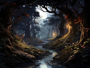 Fantasy landscape with a river in a dark forest. 3d rendering