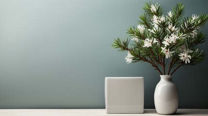 Christmas arrangement with box and spruce branches, top view, copy space. AI generated