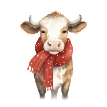 a christmas cow. cow with scarf. in the style of Watercolor illustration