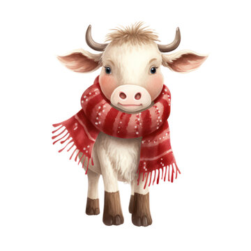 a christmas cow. cow with scarf. in the style of Watercolor illustration